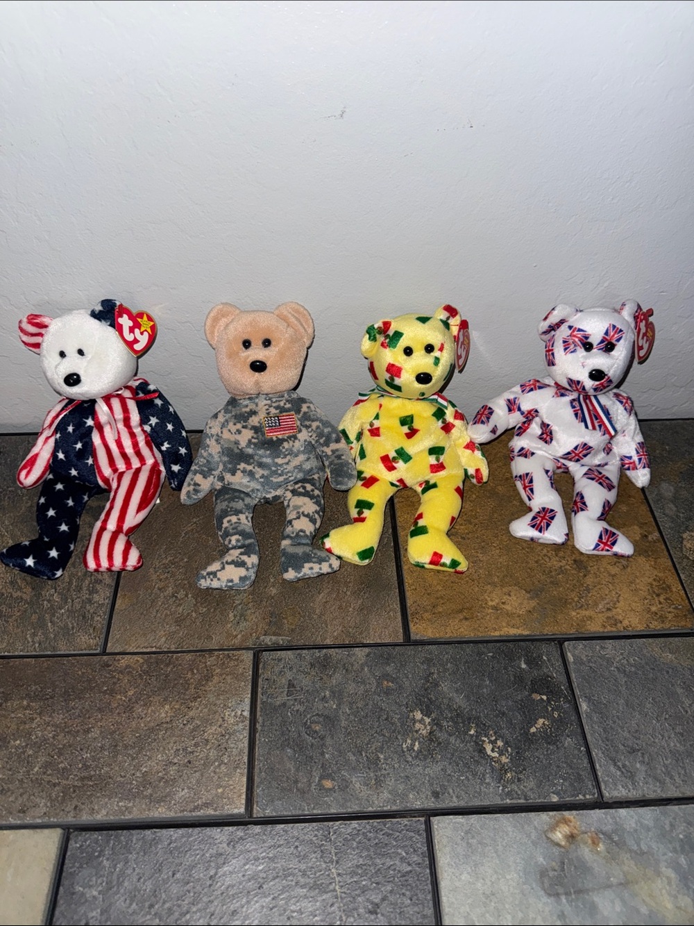 Ty Beanie Babies Plush Bears - White, Tan, Yellow, Red/Blue Patterned
